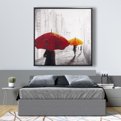 Framed 48 x 48 - Passersby with umbrellas walking down the street