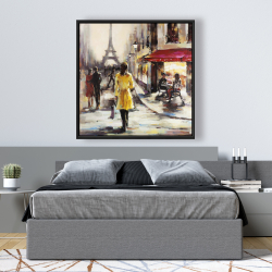 Framed 48 x 48 - Yellow coat woman walking on the street