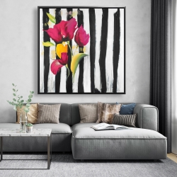 Framed 48 x 48 - Pink flowers on black stripes