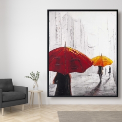 Framed 48 x 60 - Passersby with umbrellas walking down the street