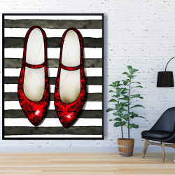 Framed 48 x 60 - Red glossy shoes on striped background