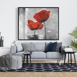 Encadré 48 x 60 - Deux fleurs rouges sur fond en tons de gris