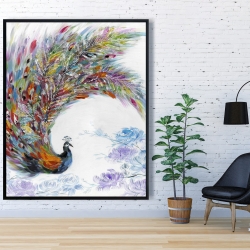 Framed 48 x 60 - Colorful peacock with flowers