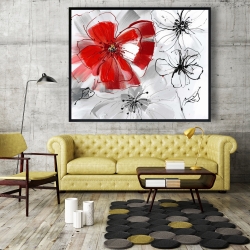 Framed 48 x 60 - Red & gray flowers