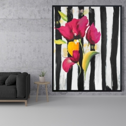 Framed 48 x 60 - Pink flowers on black stripes