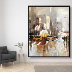 Encadré 48 x 60 - Passants avec leur parapluie traversant la rue