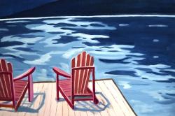 Lake, dock, mountains & chairs