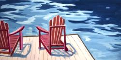 Lake, dock, mountains & chairs