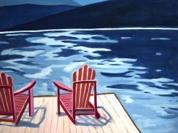 Lake, dock, mountains & chairs