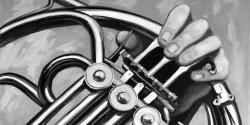 Musician with french horn monochrome