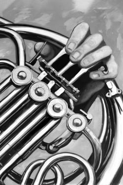 Musician with french horn monochrome