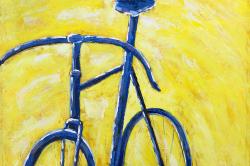 Bicyclette bleue sur fond jaune