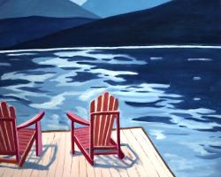 Lake, dock, mountains & chairs