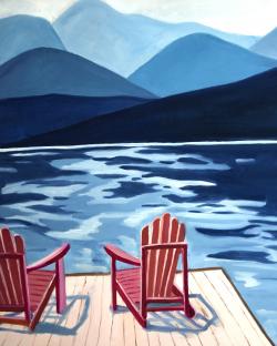 Lake, dock, mountains & chairs