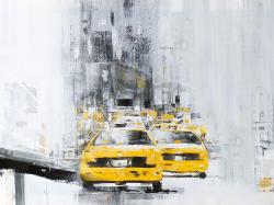 Yellow brooklyn bridge with taxis