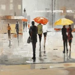 Abstract passersby with umbrellas