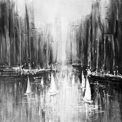 Grayscale boats on the water