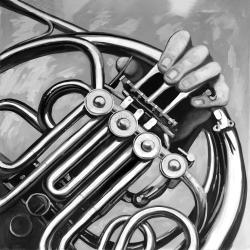 Musician with french horn monochrome