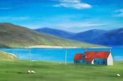 Scottish highlands with a little red roof house