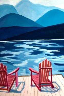 Lake, dock, mountains & chairs