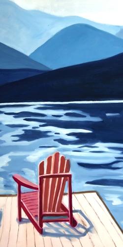 Lake, dock, mountains & chairs