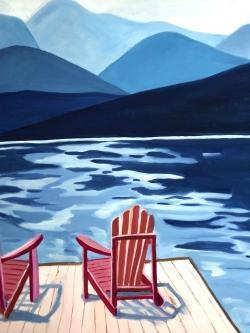 Lake, dock, mountains & chairs