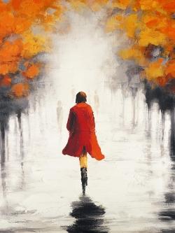 Woman with a red coat by fall