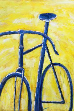 Bicyclette bleue sur fond jaune