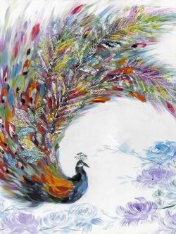 Colorful peacock with flowers