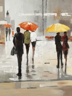 Abstract passersby with umbrellas