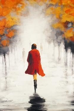 Woman with a red coat by fall