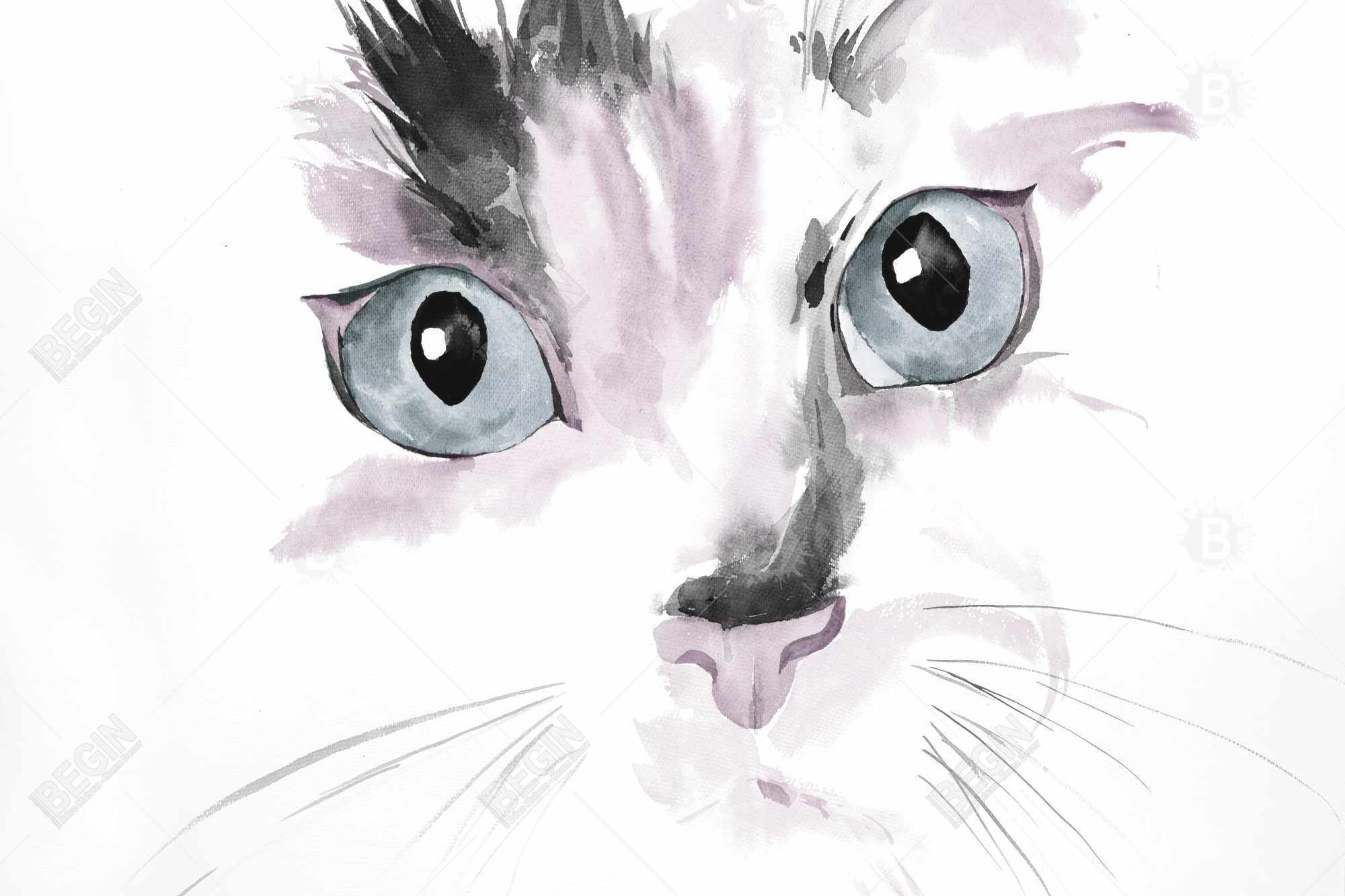 Close-up of a cat in watercolor with pink reflection