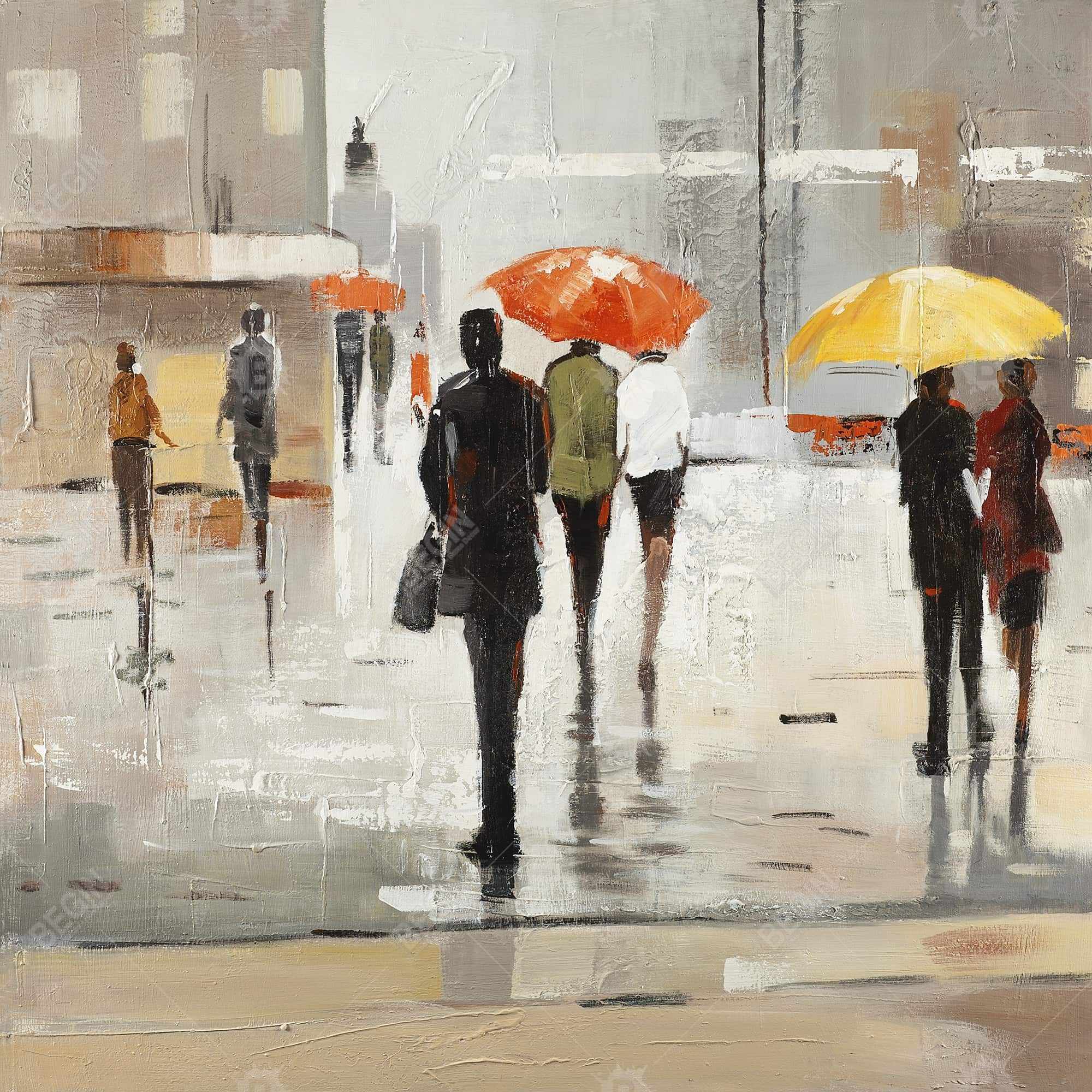 Abstract passersby with umbrellas