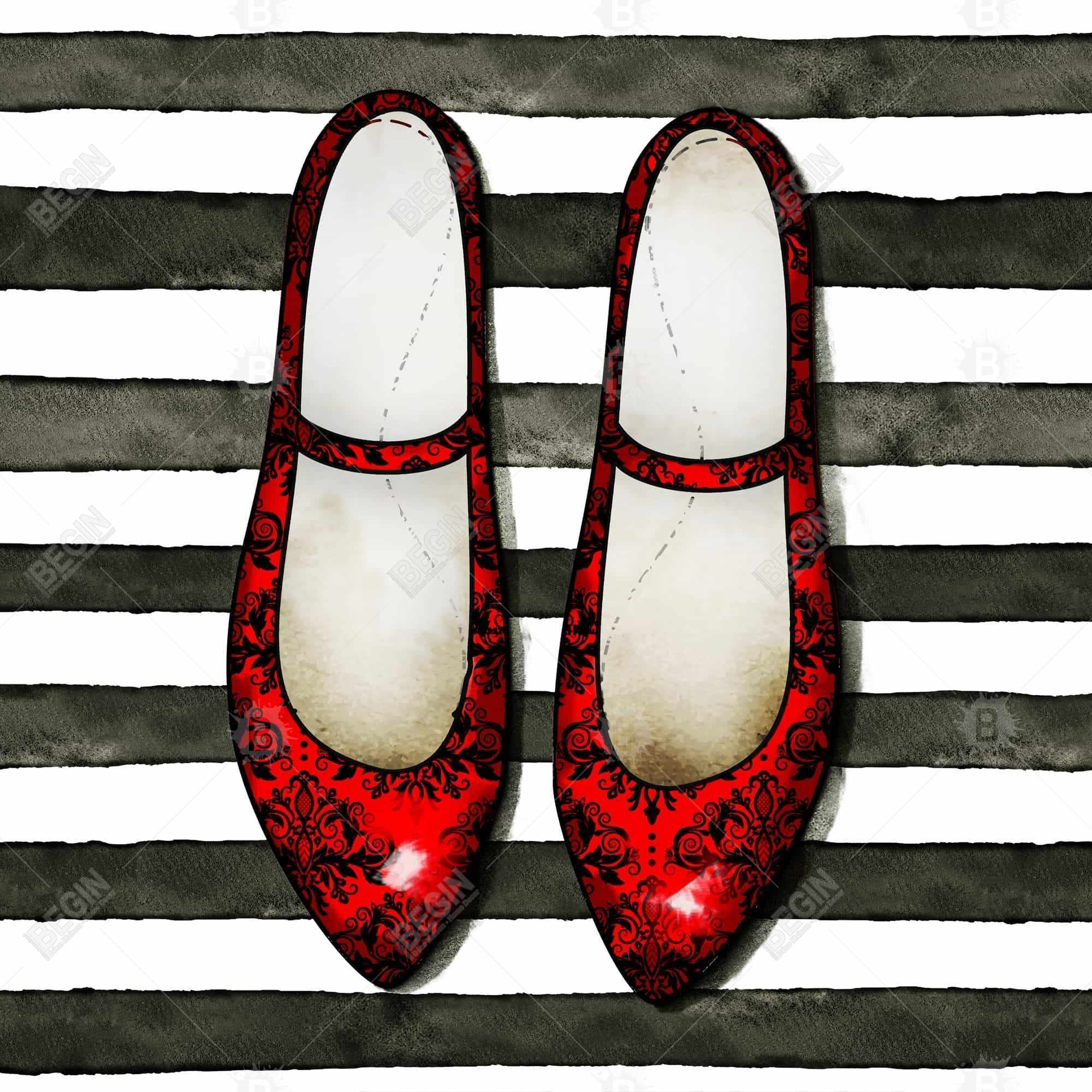 Red glossy shoes on striped background