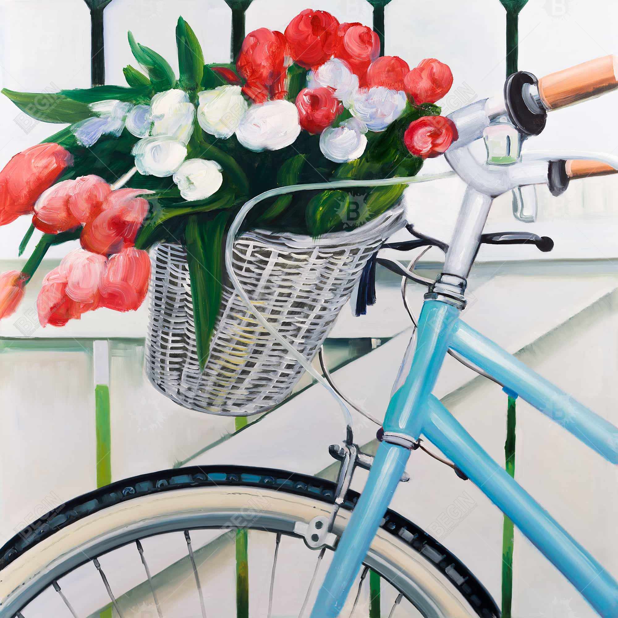 Bicyclette avec panier de tulipes