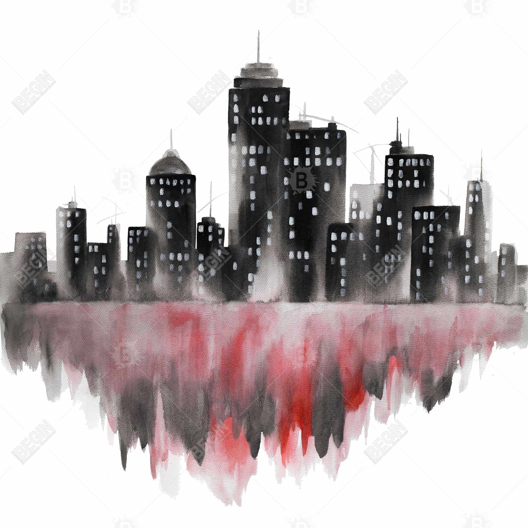 Red watercolor cityscape