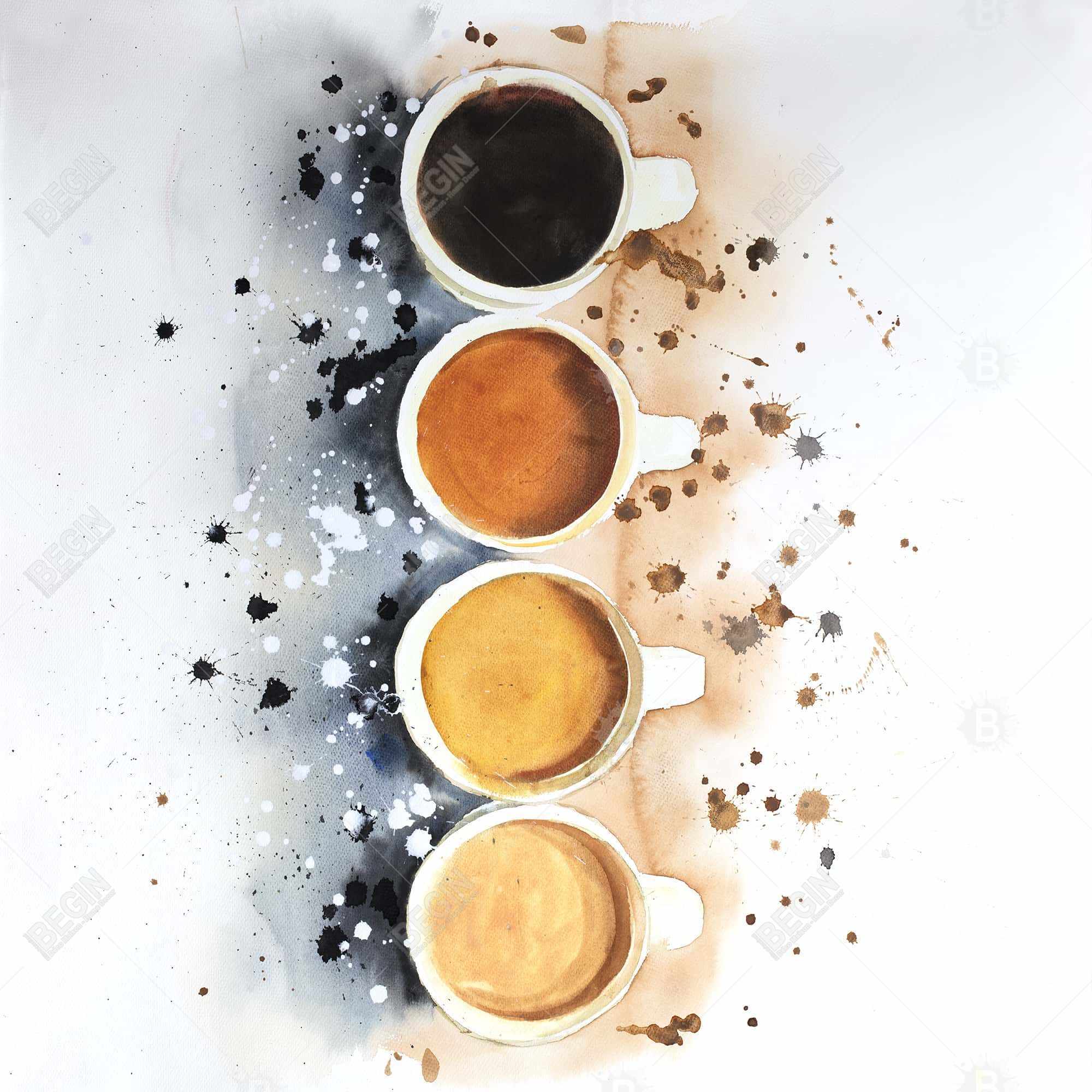 Quatre tasses de café avec éclats de peinture