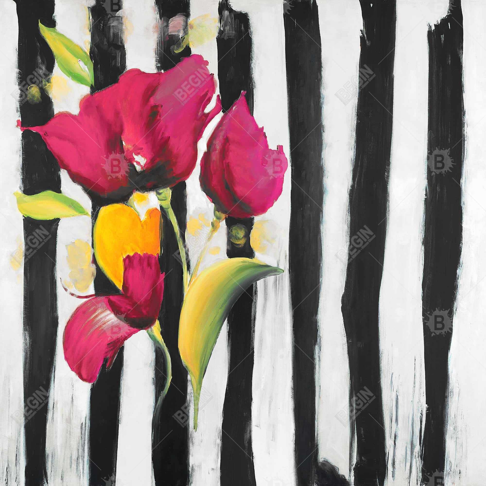 Pink flowers on black stripes