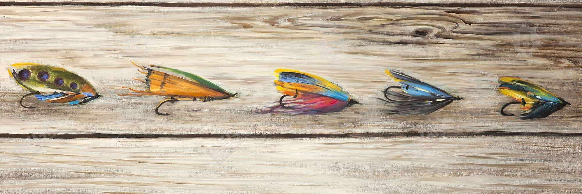 Fishing flies with wood background