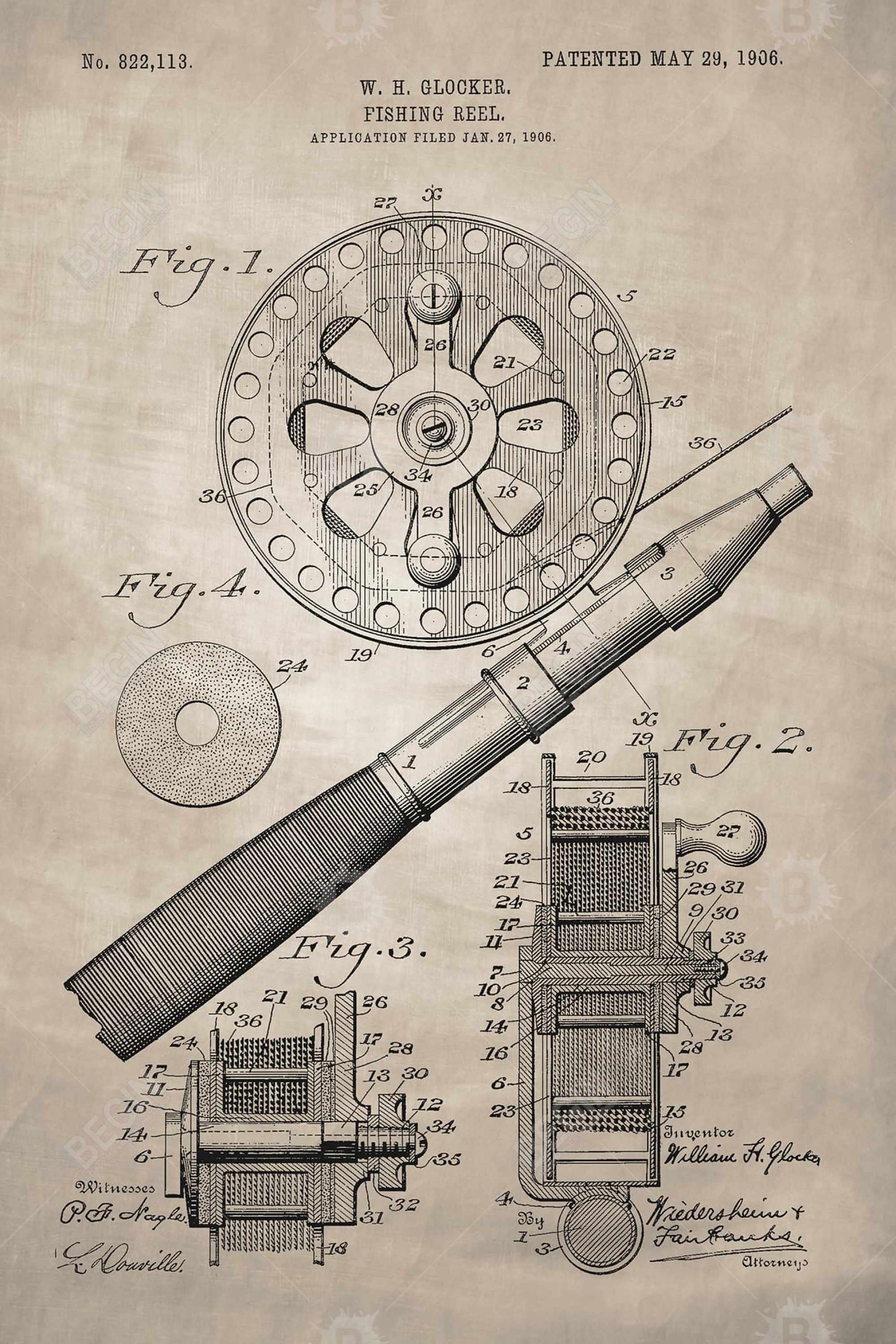 Beige blueprint of a fishing reel